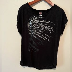 Harley Davidson Women’s TShirt in Black and Silver Design Size XL